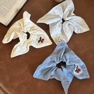 Sweet Fabric Scrunchies For Women Bow Cherry Heart Embroidery Large Hair Ties Korean Style Vintage Elastic Hair Accessories
