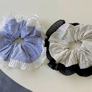 Korean Style Fresh Sweet Ruffled Lace Plaid Scrunchie Polyester Striped Hair Tie Versatile Elegant Headwear For Women Girls