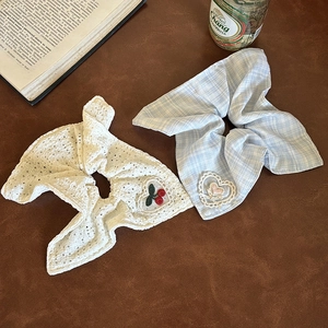 Sweet vintage large scrunchies with lace cherry embroidery and blue plaid heart design