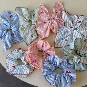 Large Cherry Embroidery Gingham Scrunchies Sweet Lace Trim Fabric Hair Ties For Women Casual Daily Hair Accessories