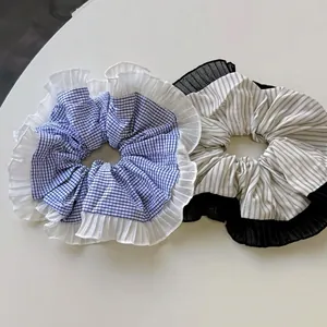 Floral plaid ruffled scrunchie set with lace edges for elegant women hair styling