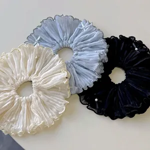 Elegant Pleated Fabric Scrunchie With Ribbon Bow And Faux Artificial Pearl Sweet Korean Style Hair Tie For Women Girls Hair Accessory