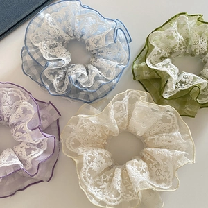 Korean Style Lace Plaid Scrunchies For Women Floral Embroidery Large Hair Ties Sweet Elegant Hair Accessories Hair Rope
