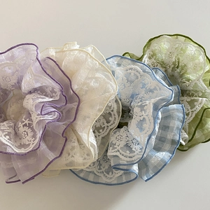 Pastel lace scrunchies set with floral embroidery and plaid pattern for buns