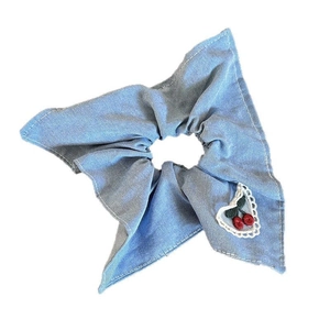Blue denim scrunchie with heart cherry embroidery and white lace trim for hair
