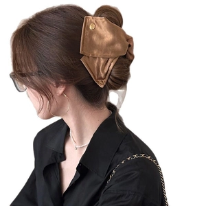 Pince à cheveux élégante en satin marron avec boucle en métal doré pour femmes