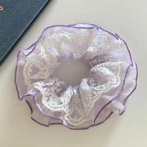 Lace plaid mesh scrunchie in light purple with white floral embroidery for women