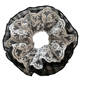 Korean style black and white plaid scrunchie with white floral lace embroidery details
