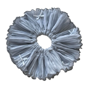 Grey-blue pleated silk scrunchie with white ribbon bows and elegant pearl accents