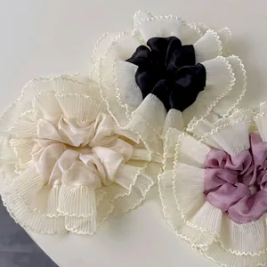 Large Lace Edge Hair Scrunchie For Women Korean Style Fabric Pleated Ponytail Holder Elastic Hair Band Hair Accessories