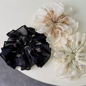 Lot de chouchous à fleurs en mousseline avec volants élégants noir et blanc cassé