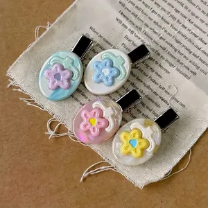 Korean Style Sweet Colorful Flower Acetate Duckbill Hair Clip Oval Dopamine Bangs Clip Hair Accessory For Women Girls