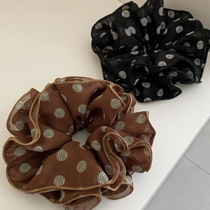 French vintage polka dot tulle scrunchies in brown and black for ponytail styling