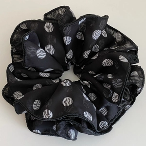French vintage style large black scrunchie with white polka dot pattern for women