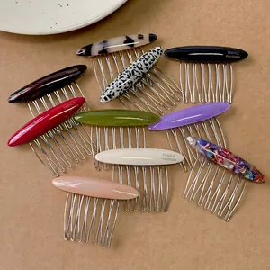 Retro tortoise and multi-color acetate hair combs with handmade golden lettering