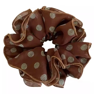 French vintage brown polka dot organza scrunchie with soft ruffled texture for women