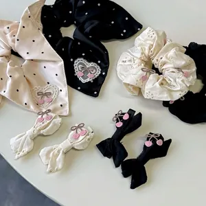Accessoires Cheveux Coréens Doux Broderie Cerise Scrunchies et Barrettes Nœud à Pois Élégants Beige Noir pour Femme