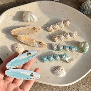 6-piece seashell heart hair clips set in blue and cream acetate with rhinestones