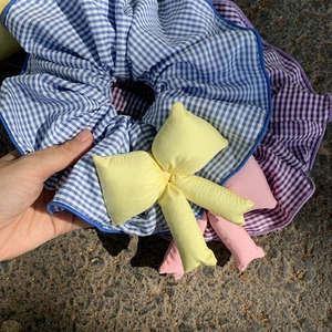 Blue and purple plaid oversized scrunchies with 3D bow accents for women hairstyles