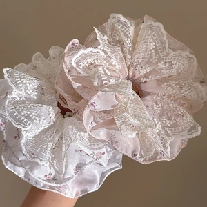 Lace floral chiffon scrunchies in white and pink with elegant embroidery details