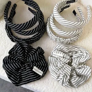 Korean Minimalist Black White Striped Fabric Headband And Scrunchie Handmade Bow Hair Accessories For Women Daily Headwear