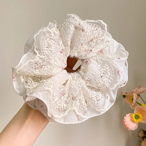 Elegant oversized floral lace scrunchie for women with delicate embroidery and white trim