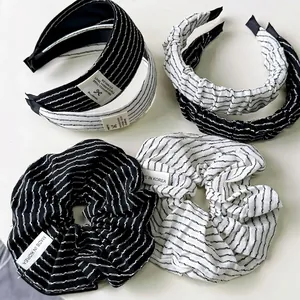 5-piece minimalist black and white striped headband and scrunchie set for women