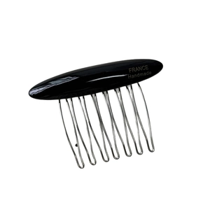 Classic oval black acetate hair comb with 10 silver metal teeth for elegant hairstyling