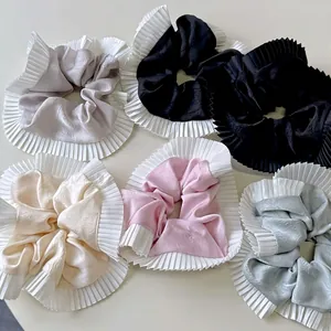 6-piece set of elegant French satin scrunchies with white pleated lace trim in Morandi colors