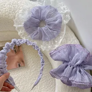 Korean Style Sweet Purple Mesh Lace Scrunchie Ruffle Headband Fairy Hair Ties For Women Daily Party Hair Accessories