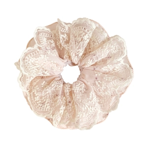 Sweet pink lace scrunchie with layered ruffles and floral embroidery for women