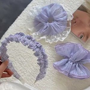 Elegant lavender purple shiny mesh hair accessories set including headband and scrunchie