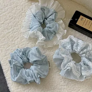French Sweet Light Blue Fabric Hair Scrunchie Floral Embroidery Stripe Lace Organza Ponytail Holder For Women Daily Accessories