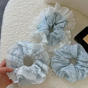 French style light blue lace scrunchies with floral embroidery for elegant ponytails