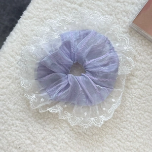 Elegant lavender mesh scrunchie with white lace floral trim for women's hair styling