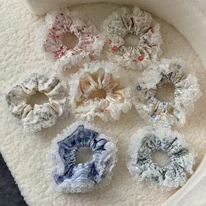 Handmade Floral Lace Scrunchies For Women Sweet Korean Style Fabric Hair Ties Large Elastic Hair Bands Fashion Hair Accessories