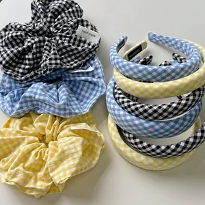 Classic plaid headband and scrunchie set in black, blue and yellow checkered fabric