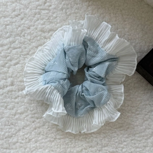 French style double-layered blue floral lace scrunchie with striped fabric and white chiffon