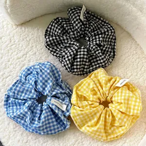 Classic plaid cotton scrunchies set in black blue and yellow with handmade label