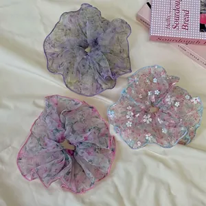 Chouchou Large en Tissu Floral Coréen Frais Doux Fait à la Main Imprimé Fleur Élastique Cheveux Haute Élasticité pour Femmes Accessoires Cheveux