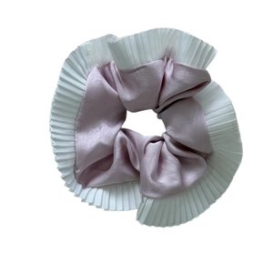 French style lavender satin scrunchie with white pleated lace trim for hair styling