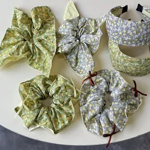 Korean Vintage Floral Fabric Scrunchies Sweet Pleated Bow Hair Ties Floral Print Headbands Elegant Hair Accessories For Women