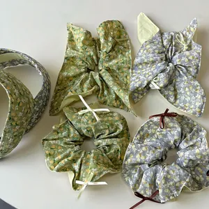 Vintage green floral scrunchie with bow tie and matching headband for women hair styling