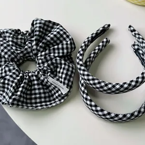 Classic black and white plaid headband set with a matching large scrunchie for hair