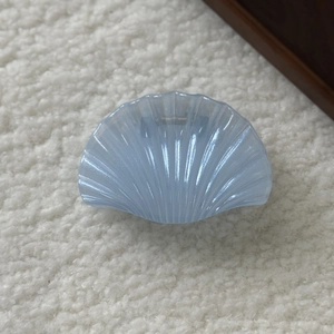 Détail d'une pince à cheveux en forme de coquillage bleu clair avec effet nacré brillant