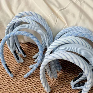 Blue and white striped fabric headband set with non-slip lining for women and girls