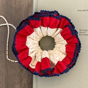 Korean Style Vintage Oversized Red Polka Dot Scrunchie For Women Fabric Hair Tie Blue Lace Trim Handmade Hair Accessories