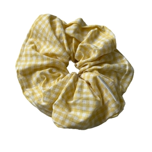 Handmade yellow gingham plaid scrunchie hair tie with high elastic fabric and woven label