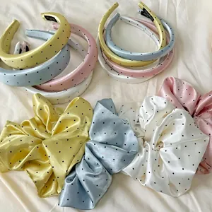 Macaron pastel polka dot headband and scrunchie set in satin finish for women
