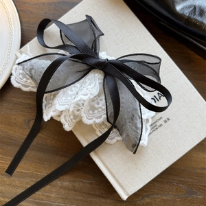 Elegant French style lace bow hair clip with white embroidery and black chiffon ribbon
